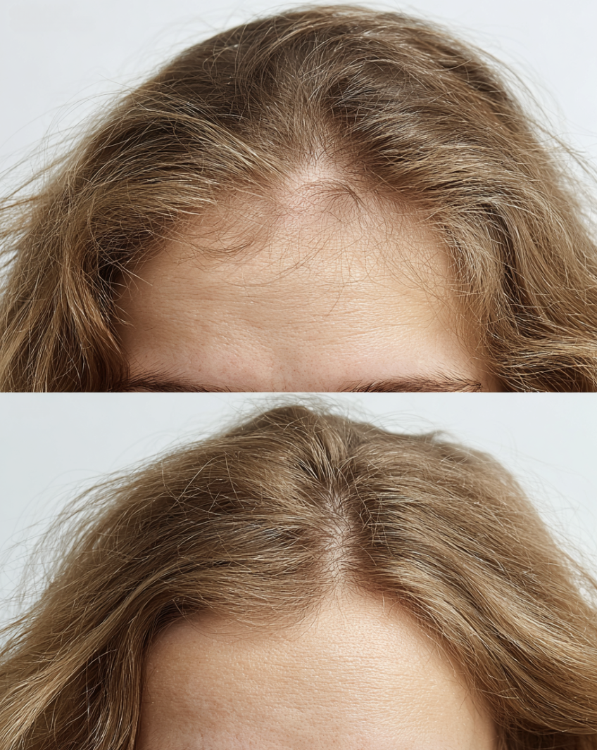 Before and after hair restoration — crown thinning