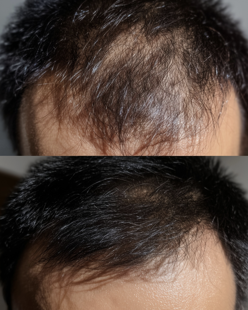 Before and after hair restoration — density loss