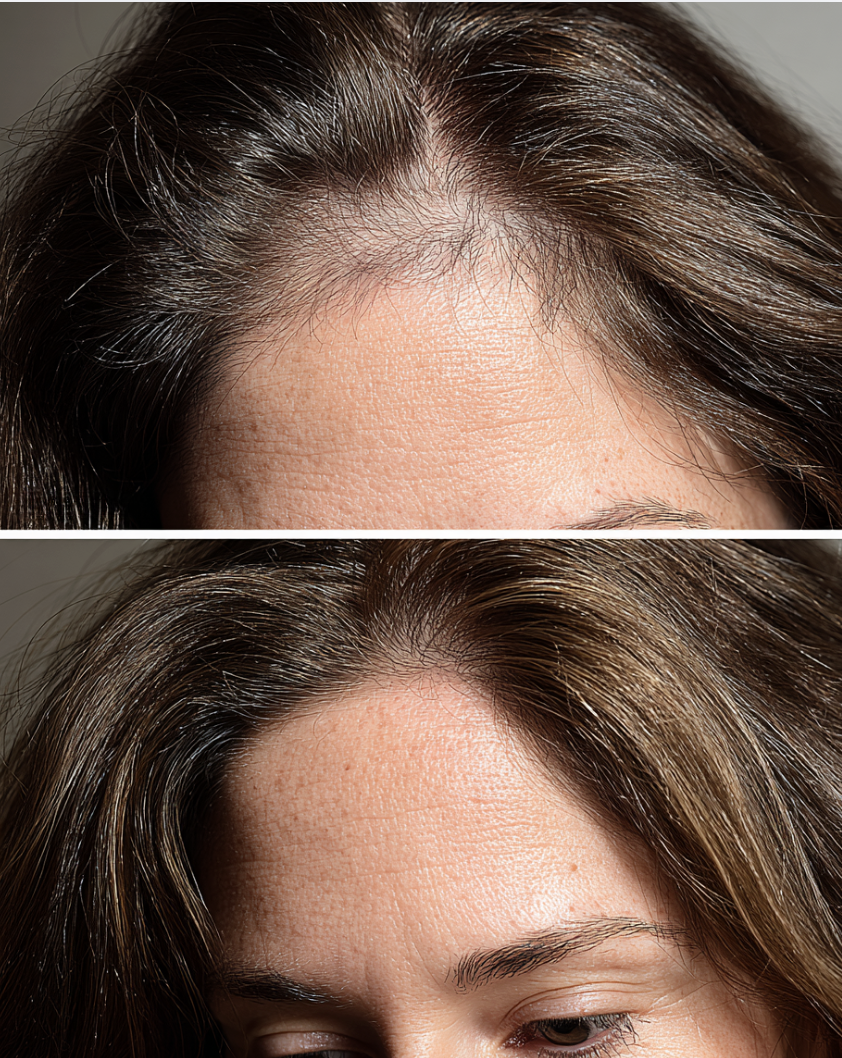 Before and after hair restoration — hairline recession