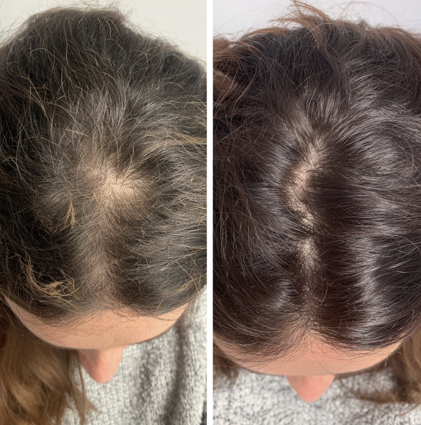 Before and after hair restoration — postpartum shedding
